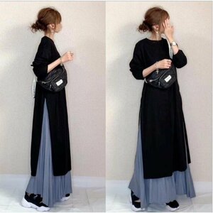 秋服 ワンピース レディース 長袖 ロングワンピース スカート セットアップ マキシ丈 通勤着 可愛い ゆったり ブラック