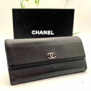 美品 シャネル CHANEL キャビアスキン マトラッセ 二つ折 アイコン ロゴ シェブロン V ステッチ 長財布 ブラック ココ