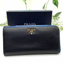 極美品 PRADA サフィアーノ L字ファスナー 長財布 プラダ 大人気 ブラック ブルー 系 本革 赤 _画像2