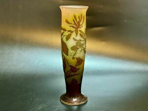 大型26.5cm エミール ガレ Emile galle 植物紋花瓶 フランス被せガラス 酸化腐食彫 アンティーク エミールガレ カメオグラス
