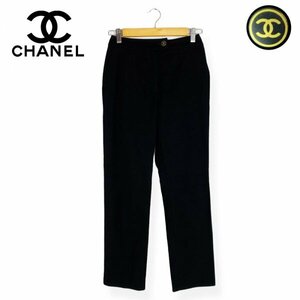 ★美品★CHANEL シャネル ココマークボタン コットン ストレート パンツ 黒 ブラック 34 Sサイズ フランス製 クリーニング済みP18333V10516