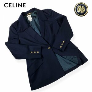 ★大きいサイズ/高級生地★ CELINE セリーヌ 金ロゴチェーン 金ボタン ウール テーラードジャケット 紺ブレ 44 レディース XL フランス製