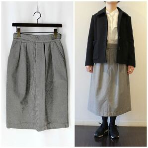 美品 MHL. CHEF CHECK COTTON WOOL 1 S グレー系ハウンドトゥース グルカスカート 2タック ワークスカート ミモレ丈 マーガレットハウエルの画像1