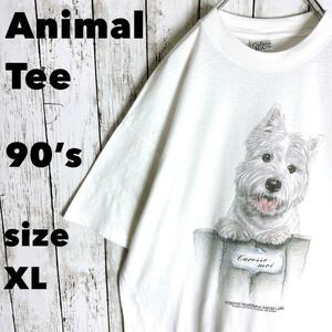 90s【アニマルプリント】tシャツ ドッグ 犬 ヴィンテージ古着 XL フォトT