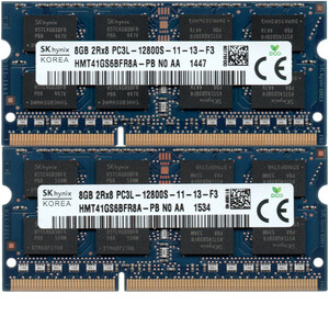 【DDR3 8GBx2枚 合計16GB ノートPC用】＜動作確認済＞SK hynix 低電圧 1.35V DDR3L-1600 (PC3L-12800S) HMT41GS6BFR8A-PB 2枚【中古】H101