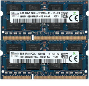 【DDR3 8GBx2枚 合計16GB ノートPC用】＜動作確認済＞SK hynix 低電圧 1.35V DDR3L-1600 (PC3L-12800S) HMT41GS6BFR8A-PB 2枚【中古】H102