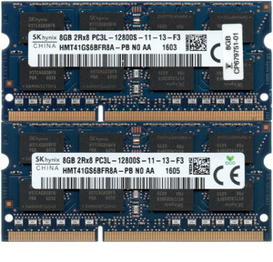 【DDR3 8GBx2枚 合計16GB ノートPC用】＜動作確認済＞SK hynix 低電圧 1.35V DDR3L-1600 (PC3L-12800S) HMT41GS6BFR8A-PB 2枚【中古】H104