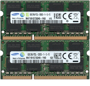 【DDR3 8GBx2枚 合計16GB ノートPC用】＜動作確認済＞SAMSUNG 低電圧 1.35V DDR3L-1600 (PC3L-12800S) M471B1G73QH0-YK0 2枚【中古】H125