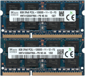 【DDR3 8GBx2枚 合計16GB ノートPC用】＜動作確認済＞SK hynix 低電圧 1.35V DDR3L-1600 (PC3L-12800S) HMT41GS6AFR8A-PB 2枚【中古】H109