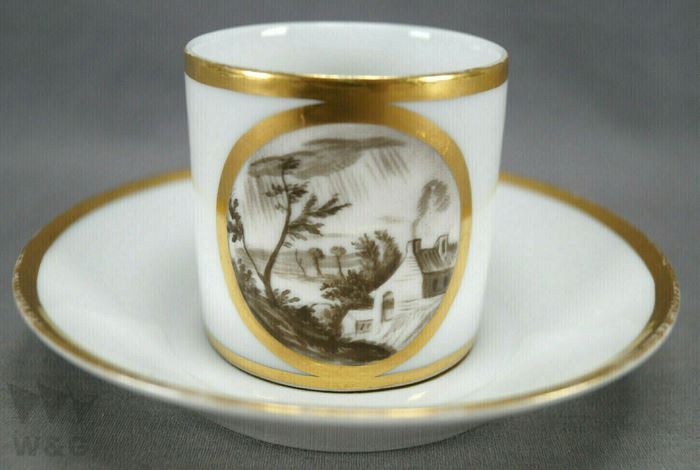 Roclairacourtil handbemalte Landschaft Kaffeetasse und Untertasse 1773-1824 A, Antiquität, Sammlung, Verschiedene Waren, Andere