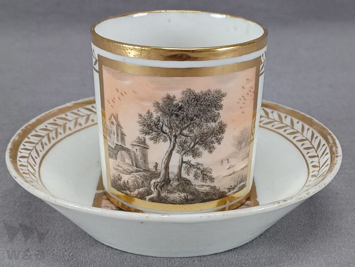 Old Paris Hand-painted Sepia Castle Landscape Gold Coffee Cup & Saucer C.1790-1810 A, antique, collection, miscellaneous goods, others