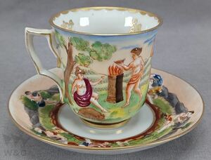 19世紀 カポディモンテ様式 手描きアルモリアル デミタスカップ＆ソーサー