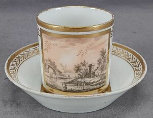 Art hand Auction Taza de café y platillo dorados con paisaje del castillo en sepia pintado a mano del antiguo París C.1790-1810 B, antiguo, recopilación, bienes varios, otros