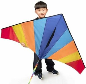 WISESTAR カイト 三角凧 凧揚げ 99.9m凧糸とハンドル付き 二種類の凧のしっぽ スポーツカイト カラフルカイト 虹
