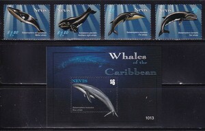 26 トピカル［テーマ：海洋哺乳類］【未使用】＜ ネイビス 2010年版 / カリブのクジラ 4種完＋小型シート ＞