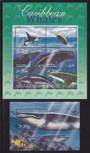 28 トピカル［テーマ：海洋哺乳類］【未使用】＜ セントキッツ 2001年版 / カリブ海の生き物 組合せ・小型シート(6種連刷)+小型シート ＞