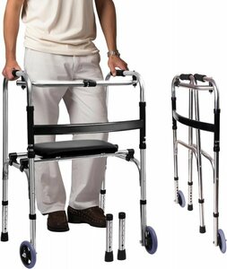 折り畳み式歩行器 歩行補助具 歩行器 歩行具 ステンレス 6段階高さ調節　リハビリ 介護用 高齢者用 座席付き