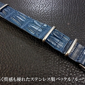 ◆クロコダイルNATO G10Strap◆北米産クロコダイル Custom Order(ラグ幅/BUCKLE COLOR) 本藍染めINDIGO BLUE 受注生産 ワニ革 腕時計ベルトの画像3