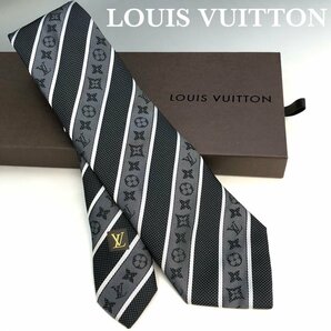 美品 LOUIS VUITTON ルイヴィトン モノグラム ストライプ ネクタイ ロゴ 総柄 黒/グレー 箱付 シルク100% 正規品 本物保証 最落無の画像1