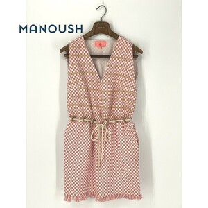 A8267/極美品 春夏 MANOUSH マヌーシュ チェック Vネック ベルト付き フリンジ ノースリーブ 膝丈 ワンピース 36 M程 ピンク/レディース