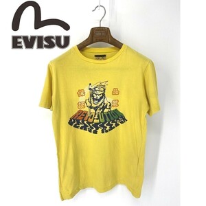 A6069/美品 春夏 EVISU エヴィス コットン フロント ビッグロゴ 半袖 カットソー Tシャツ S 黄色/イタリア製 メンズ