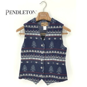 A8703/極美品 春夏 PENDLETON ペンドルトン ウール コンチョ 銀ボタン 民族柄 ベスト ジレ P S程 紺 USA製 キッズ レディース チマヨ