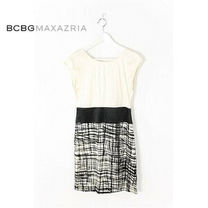 A3761/極美品 春夏 BCBG MAXAZRIA マックスアズリア チェック シルク 切替 ドレス プリーツ 膝丈 ワンピース 13号 M程 白 黒/レディース