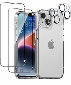 iPhone 14 専用 ケース+ ガラスフィルム*2枚 + レンズフィルム*2枚 + TPU バンパー ガラス保護フィルム 耐衝撃 カバー ワイヤレス充電対応