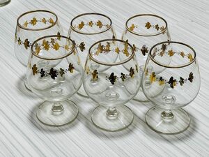昭和レトロ　金の葉っぱ柄　金縁　6個セット　6客　ワイングラス　ブランデーグラス