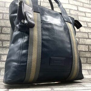 美品/A4可●BALLY バリー メンズ ビジネス トートバッグ 2way ショルダー 肩掛け 斜め掛け ロゴ トレスポ レザー 本革 ネイビー 濃紺