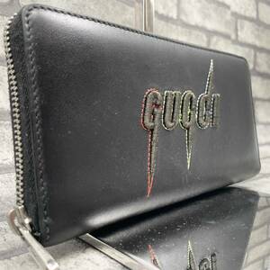 極美品/希少●GUCCI グッチ メンズ ビジネス 長財布 ラウンドファスナー ブレードエンブリロイダリー ロゴ 刺繍 ワッペン レザー ブラック