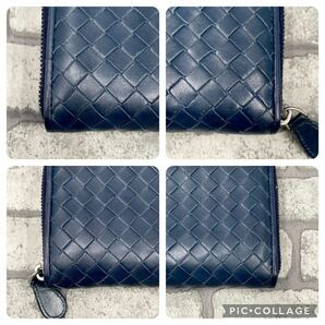 極美品●BOTTEGA VENETA ボッテガヴェネタ メンズ ビジネス 長財布 ラウンドファスナー イントレチャート 編み込み レザー ネイビーの画像6