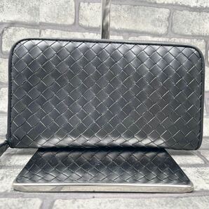 未使用級●BOTTEGA VENETA ボッテガヴェネタ メンズ ビジネス 長財布 ラウンドファスナー イントレチャート 編み込み レザー 本革 グレーの画像2