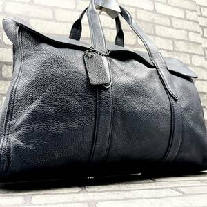 美品/大容量●COACH コーチ メンズ ビジネス ブリーフケース トート ハンド メトロポリタン ロゴ型押し シボ革 レザー 本革 ネイビー 濃紺