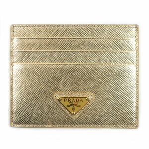 極美品□PRADA プラダ レザー トライアングルロゴ 三角プレート 名刺入れ カードケース ゴールド イタリア製 レディース オススメ◎