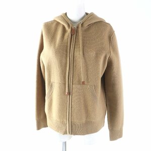 極美品 バーバリーロンドンイングランド 8037508 カシミヤ フード付 ロゴ刺繍入り ZIP UP ニット パーカー キャメル XS 正規品 レディース