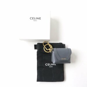 極美品 CELINE セリーヌ ロゴ入り キーリング付 レザー エアポッズケース グレー×ゴールド金具 箱・保存袋付き イタリア製 ユニセックス