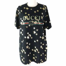 美品 グッチ 20SS 580968 コットン STARS AND MOON 星 月 ロゴ 総柄 オーバーサイズ 半袖Ｔシャツ ブラック ゴールド M 伊製 レディース_画像1