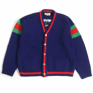 美品 GUCCI グッチ 676389 ウール 100周年記念 ロゴ入り ウェブライン 長袖 ニット カーディガン ブルー L イタリア製 正規品 メンズ