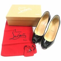 未使用品 Christian Louboutin クリスチャンルブタン エナメルレザー オープントゥ パンプス ブラック 38 箱・保存袋付き 伊製 レディース_画像2