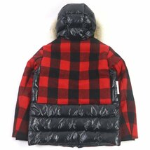 美品 MONCLER モンクレール 20-21AW STECKNADEL HORN ウール チェック柄 ダウンジャケット レッド ブラック 1 イタリア製 正規品 メンズ_画像4