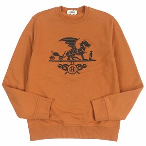 美品□HERMES エルメス 19AW コットン エクスリブリス ドラゴン ラムレザーパッチ 裏起毛 トレーナー スウェット オレンジ M イタリア製