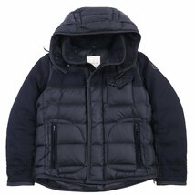 美品●MONCLER モンクレール 18-19AW RYAN ウール切り替え レザーロゴパッチ付き フーデッドダウンジャケット ネイビー 2 正規品 メンズ_画像1