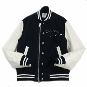 極美品●Sacai サカイ MADSAKI マサキ 22AW 22-02879M WOOL MELTON BLOUSON 袖レザー スタジャン ブルゾン 濃紺 白 M 日本製 正規品 メンズ