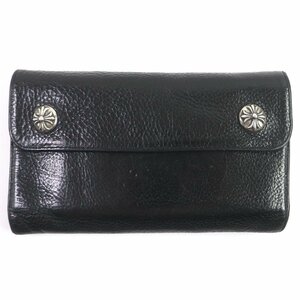 良品□CHROME HEARTS クロムハーツ レザー クロスボールボタン ダガージップ シルバー金具 ロング ウェーブウォレット 長財布 ブラック