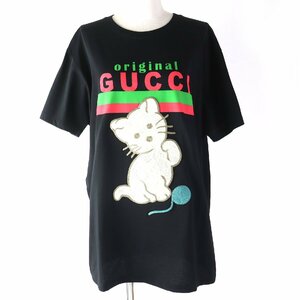 未使用△GUCCI グッチ 2020年 615044 コットン100% キャット刺繍 ロゴ入り クルーネック オーバーサイズ 半袖Ｔシャツ 黒 S 伊製 正規品