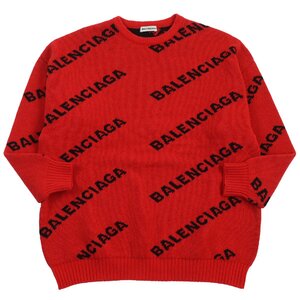 美品●BALENCIAGA バレンシアガ 2018年製 542601 ロゴジャガード 長袖 ニット セーター レッド ブラック S イタリア製 正規品 メンズ