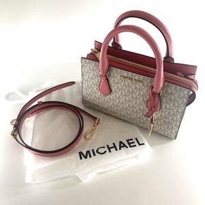 SH★ MICHAEL KORS マイケルコース 2way バッグ PVC レザー スモール サッチェル MK柄 アイボリー×ピンク 美品