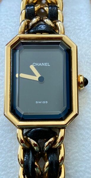 CHANEL シャネル プルミエール M クォーツ ダイヤバックル GP×革 黒文字盤 美品