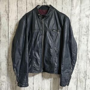 60's Sears シアーズ レザー シングルライダース 紺系 XL ライトニングジップ 本革 60年代ヴィンテージ US古着 アメカジ HTK3458